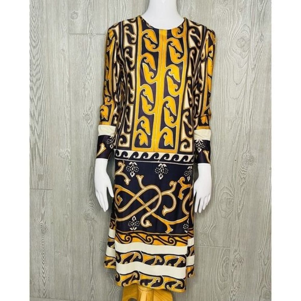 Vintage l'aiglon dress blue and gold / yellow scroll design sheath long sleeve m